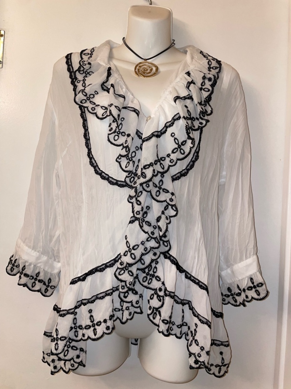 Studio 1940 White Blouse with Black Scalloped Embroidery